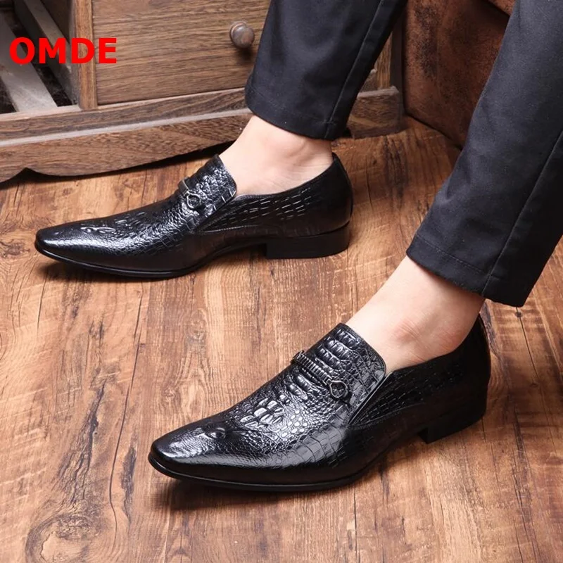 US $149.50 OMDE Crocodile Pattern Slip On Leather Shoes Men Pointed Toe Loafers Business Mens Formal Shoes Italian Leather Dress Shoes