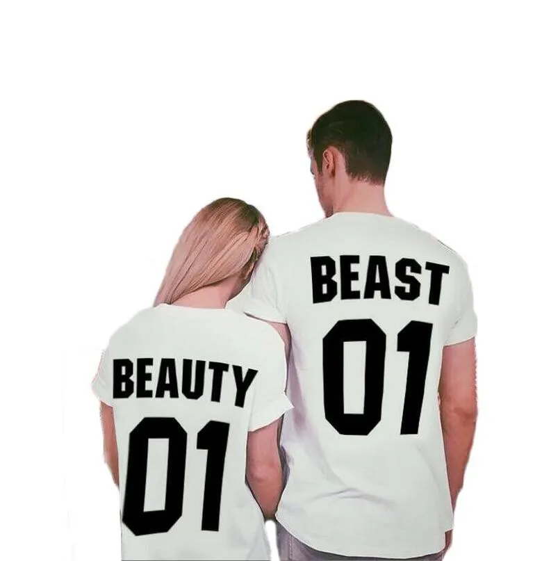 Couples-T-shirt-Beauty-Beast-01-Short-Sleeve-Tshirt-Women-And-Men-Casual-Black-White-Tee