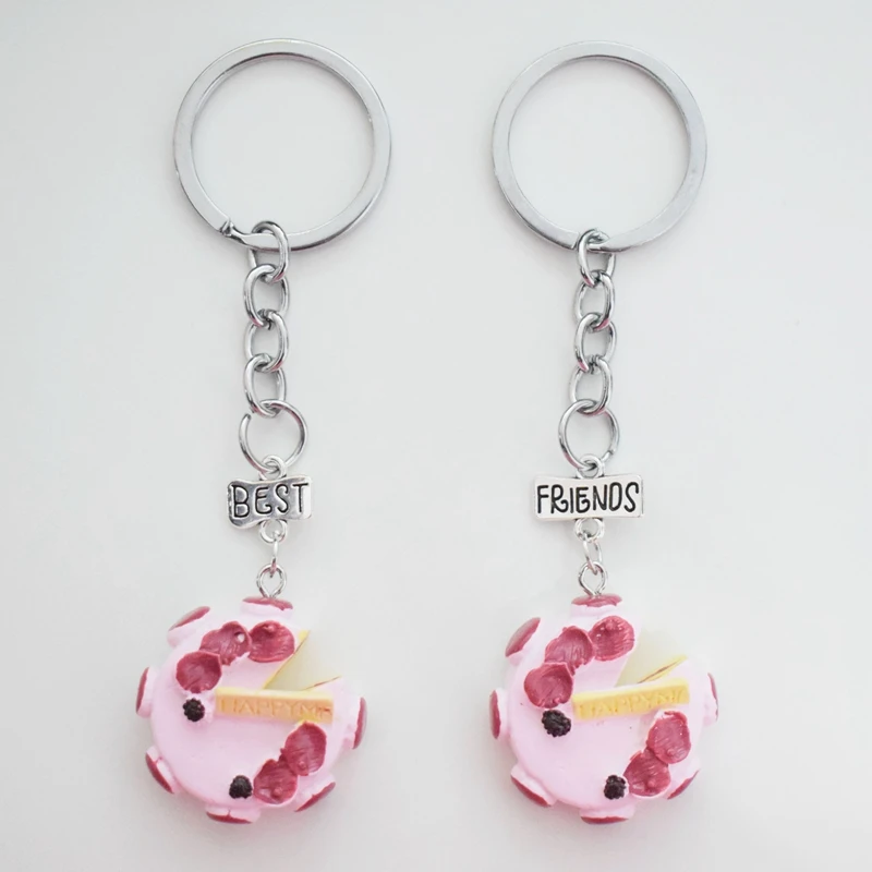 

Resin Pink Birthday Cake Pendant Best Friends Key Chains Kids Couple Key Ring Adorable Friendship Gifts For Girls,Boys 2pcs/lot