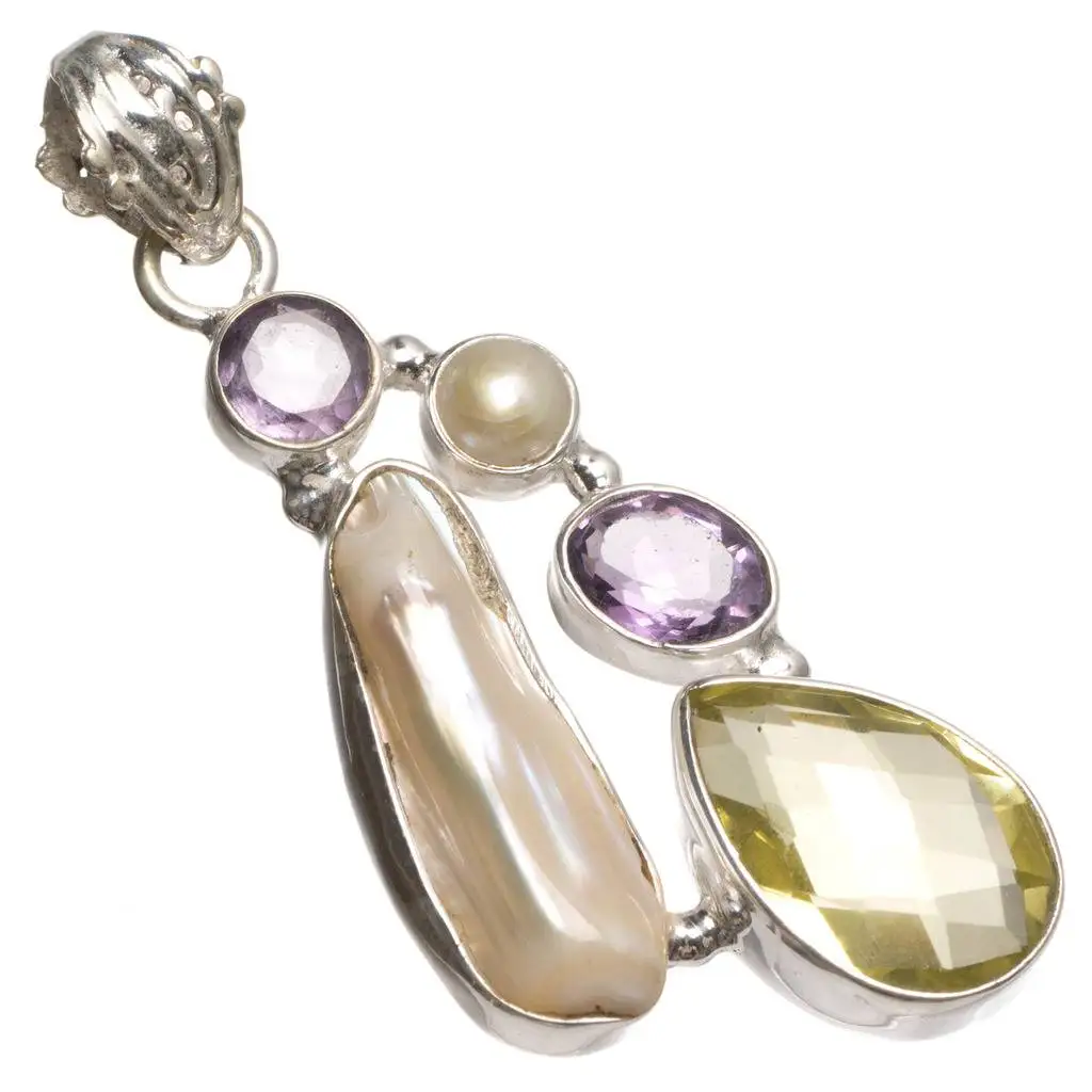 

Natural Citrine,Biwa Pearl,Amethyst and River Pearl Unique 925 Sterling Silver Pendant 2" T0248