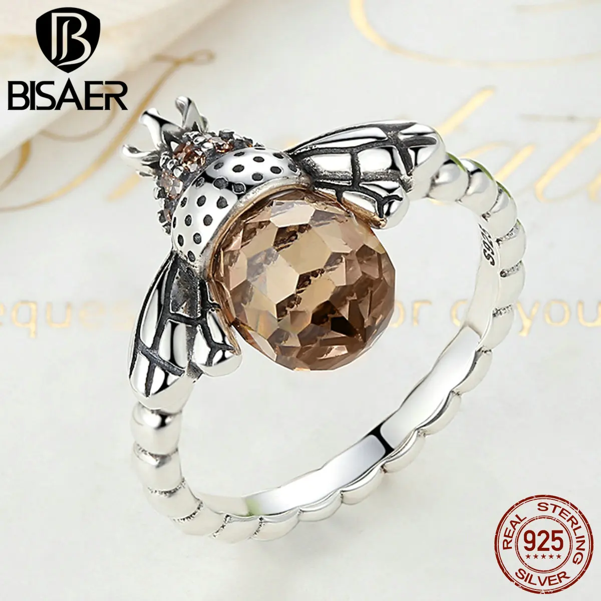 Подлинное 925 пробы Серебряное оранжевое кольцо с крыльями животных пчелы на палец для женщин подлинное серебряное кольцо с Пчелой ювелирные изделия ECR025