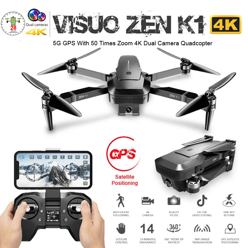 $128 Visuo ZEN K1 GPS Drone with Dual Camera 4K Times Zoom 5G WiFi FPV Optical Flow Brushless RC Quad