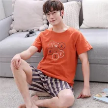 Мужчины Весна осень хлопок Пижама Мужская пижама комплекты большой Размеры L-3XL короткий рукав пижамный комплект с круглым вырезом