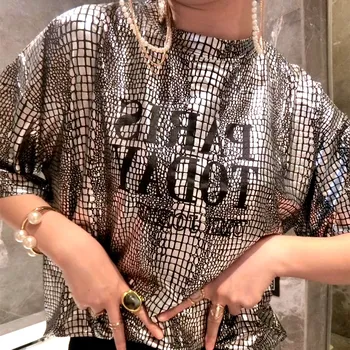 

Summer Women T Shirt Street Holiday Tees Maxi Loose Snake Skin Pattern Shinny T-shirts Short Sleeve Letters Print Tops CC091