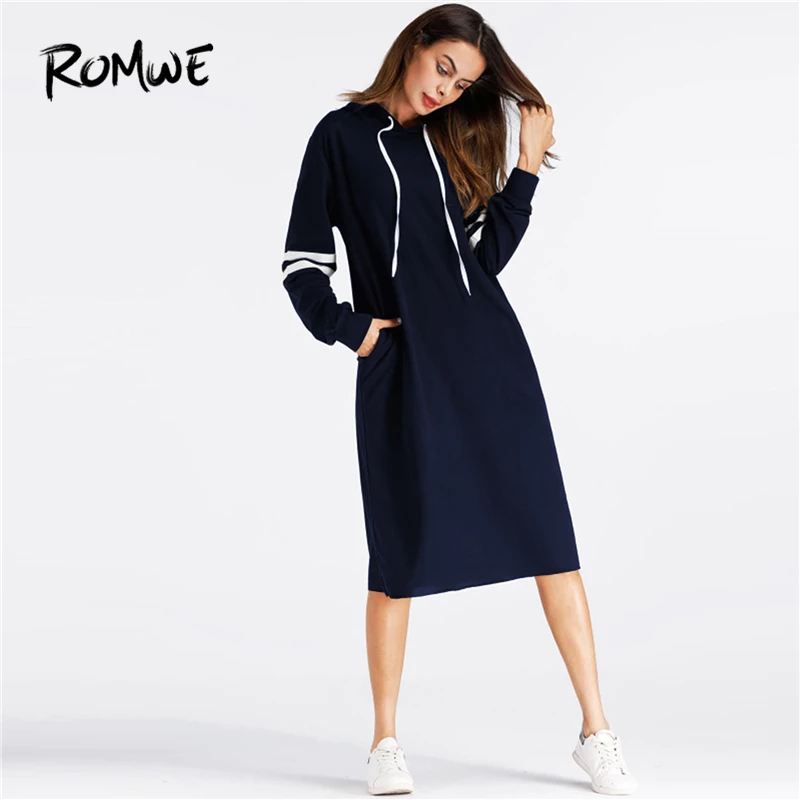Tanie ROMWE Navy Pocket Varsity bluza z kapturem w paski sukienka kobiety Casual 2019 jesień z kapturem z długim rękawem odzież kolano długość bluza sukienka