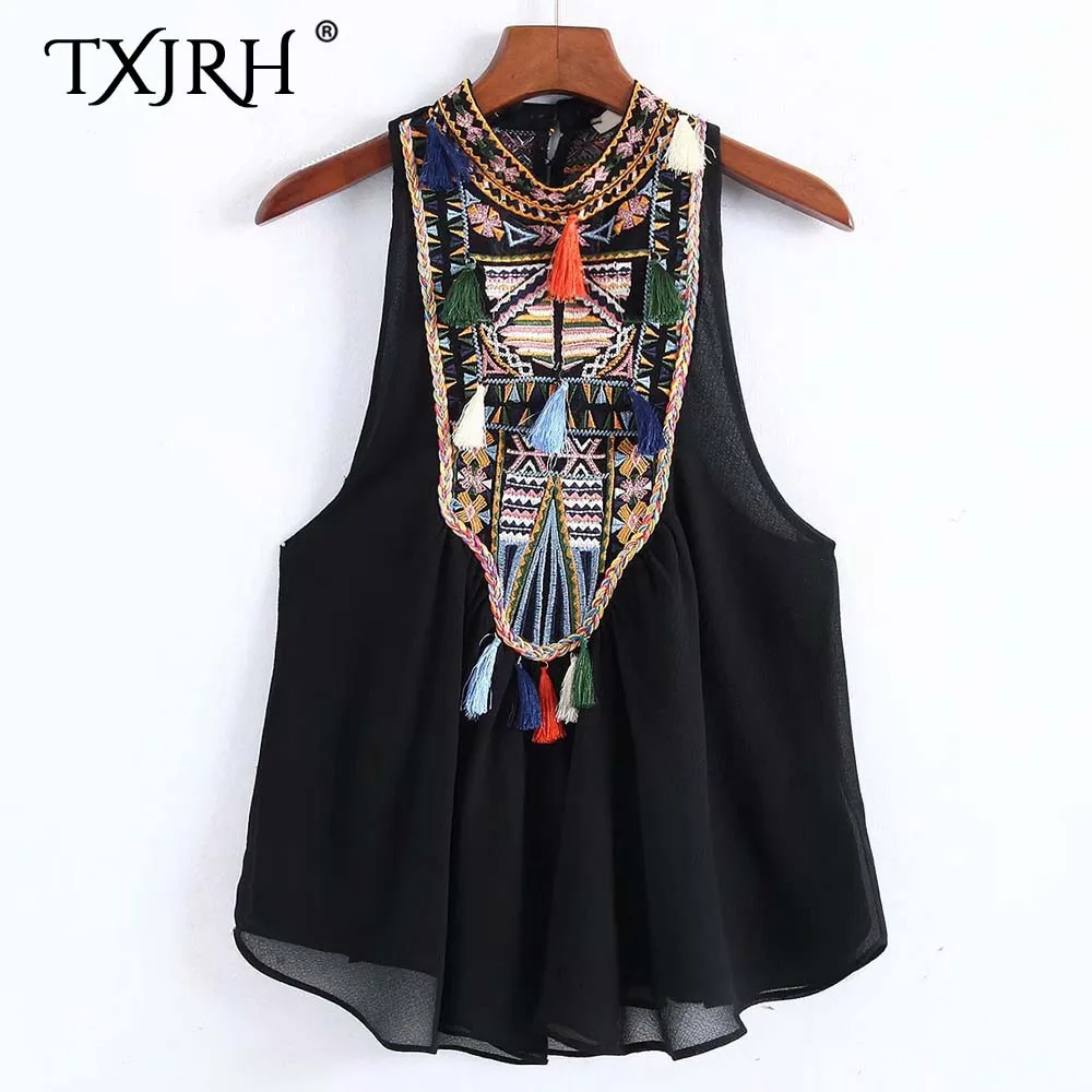 

TXJRH Vintage Splice Lace Mesh Ethnic Floral Embroidery Tassel Shirt Trendy Women Stand Collar Sleeveless Blouse Tops 2 Colors