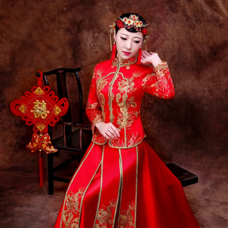 Красный вышивка Cheongsam Сексуальные платья Qipao длинный китайский традиционный свадебный платье восточные свадебные платья невесты