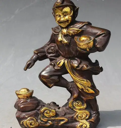 

free 9" Folk Chinese FengShui Bronze Gilt Yuan Bao Wealth Sun WuKong Monkey Statue fast