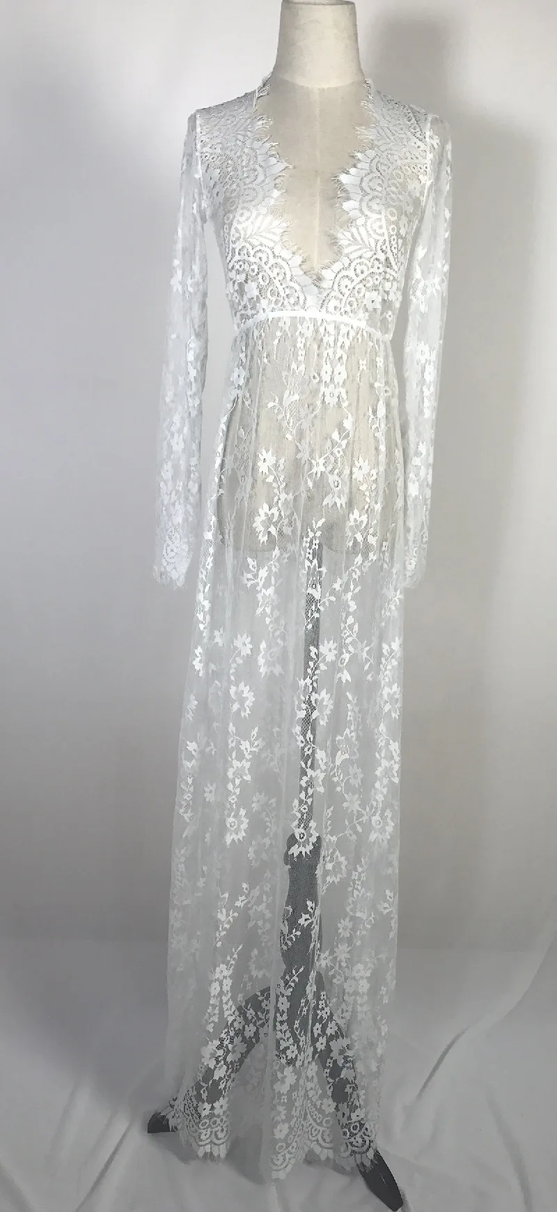 White Lace See Through Dress Plus Size Sheer Sexy Long Maxi Dresses ...