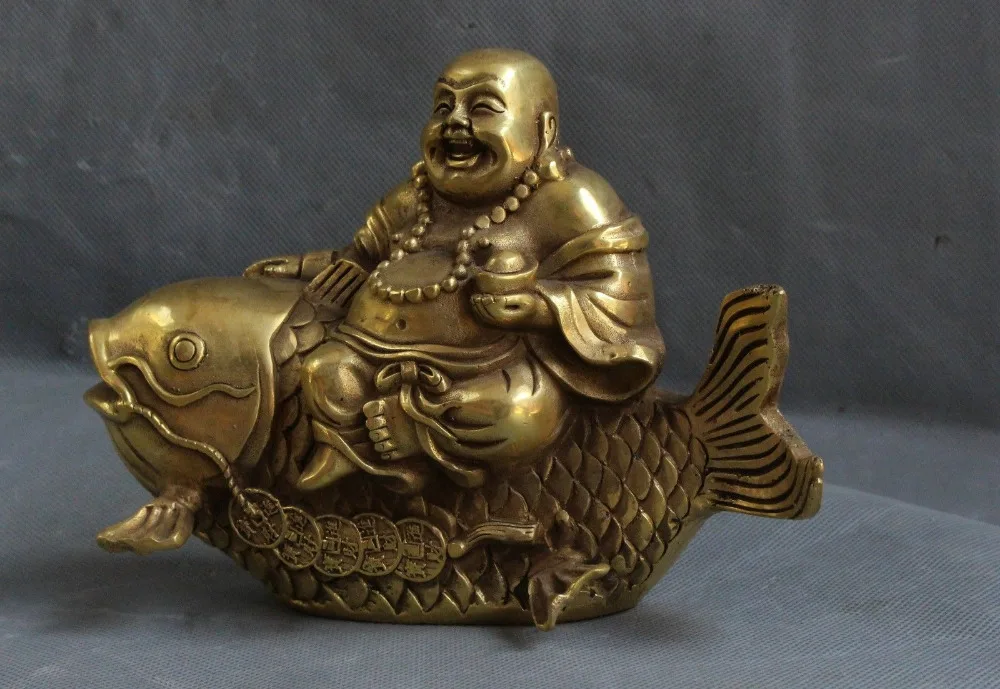 China Bronze Brass Yuan bao wealth Happy Laugh Maitreya Buddha Ride Fish Statue 