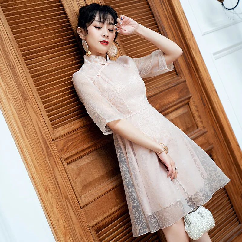 

Dress Summer Women 2019 New Stand Collar Perspective Half Sleeves Slim A-Line Flocking Short Cheongsam Dress Above The Knees
