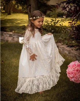 

Pretty Lace Long Sleeve High Neck Sheer Flower Girl Dresses for Wedding Party Pageant Custom Made