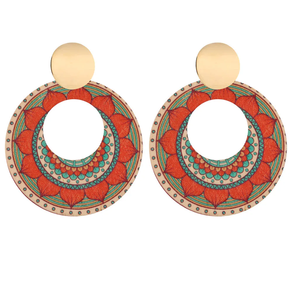 

Bohemian Large Blue Printed Wood Drop Earrings for Women Stainless Steel Beach Sea Jewelry Wedding Party Statement Earrings INS