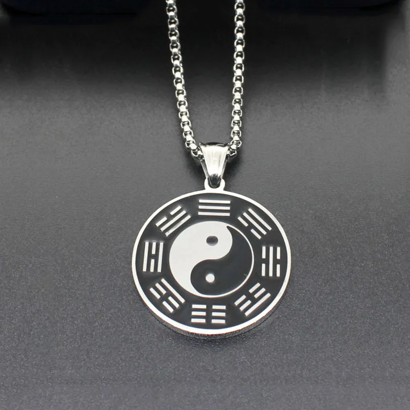 Мода 316L нержавеющая сталь серебро эмаль черный белый круг Багуа Тай Чи ин Ян кулон воротник счастливое ожерелье ювелирные изделия