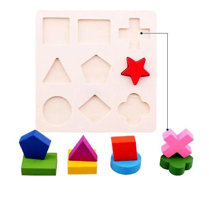 

Baby Wooden 3D Match Geometry Shape Educational Building Blocks Kids Non-toxic Paints Early Children Learning Fun Toy Random
