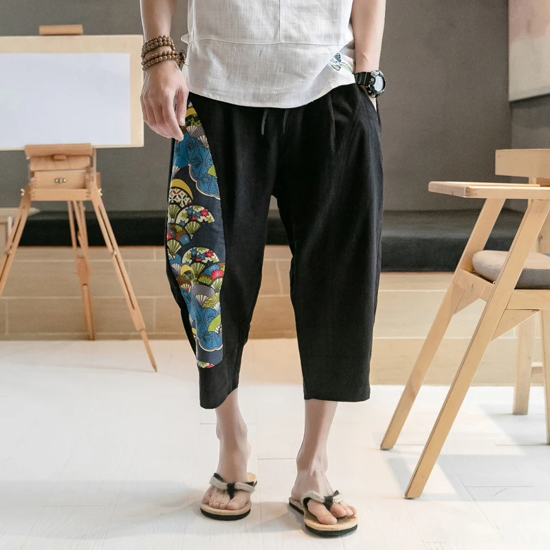 

Summer Linen Calf-Length Pants Chinese Style Patchwork Men's Pants Elastic Waist Large Size Calf-Length Pants