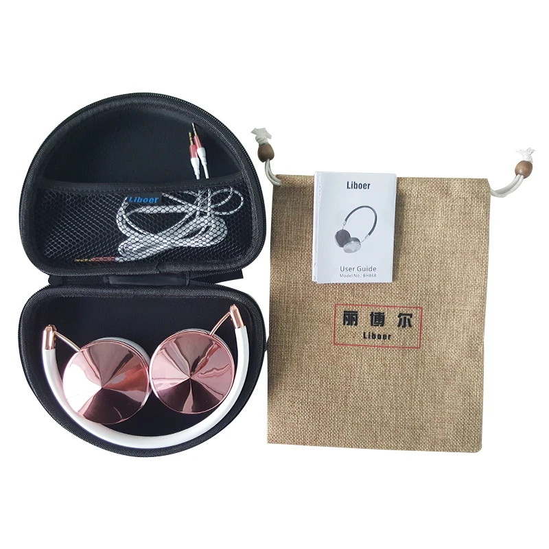 Blanou Beautiful Headband Headphones w/ Microphone Portable Wired On Ear Rose Gold Headset with Bag for iPhone 6 6S Plus BH868