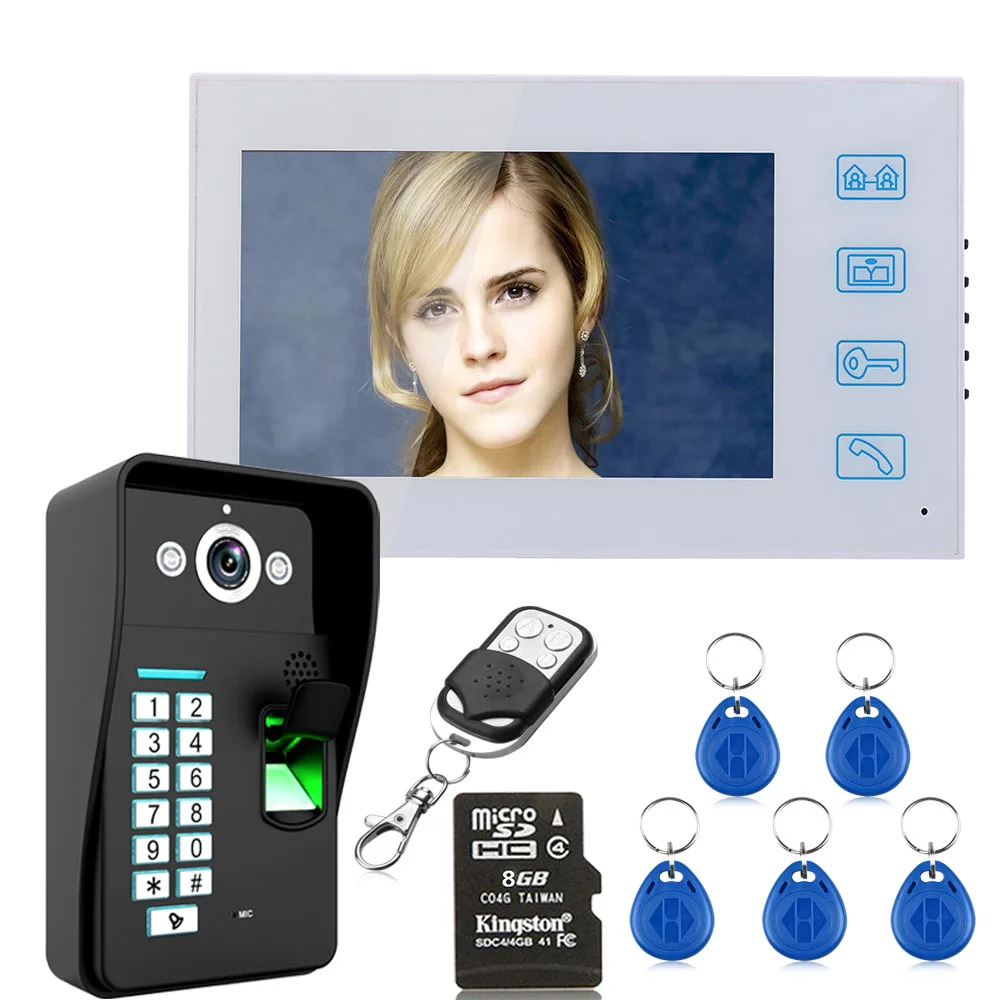 7\ Recording Fingerprint Recognition RFID Password Video Door Phone Intercom Doorbell With 8G TF Card Night Vision