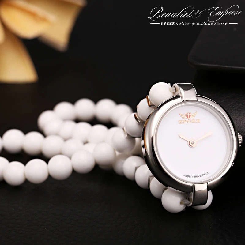 Topo de Luxo Belezas do Imperador Marca Epozz Pedra Natural Branco Quartzo Contas Analógicas 925 Prata Moda Feminina Pulseira Relógio Hora