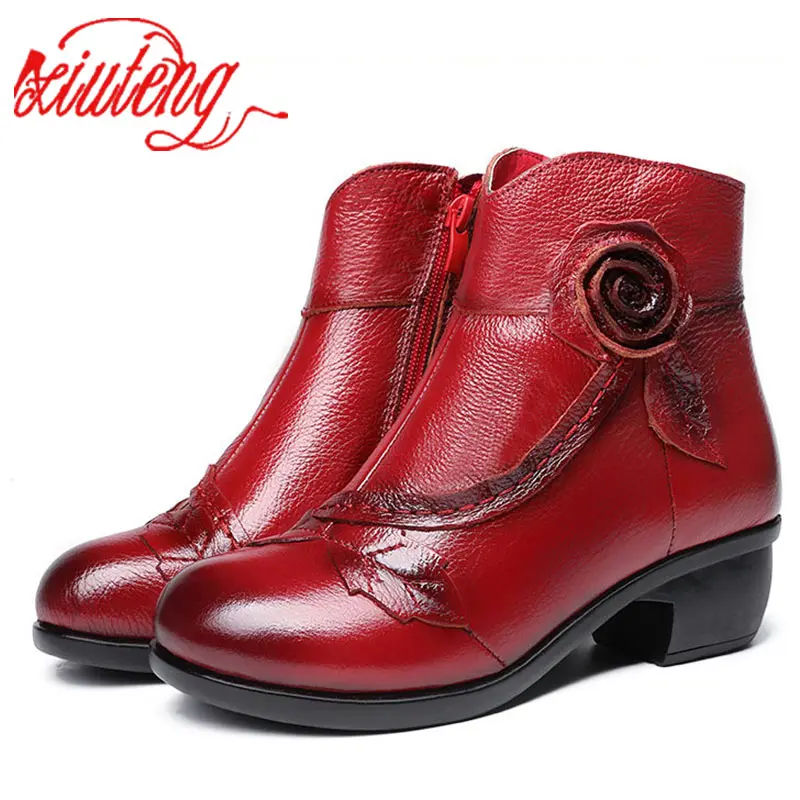 

Xiuteng New Women's Cotton Winter Boots Handmade Ethnic Style Mother's Shoes Genuine Leather Ladies Warm Plush Boots