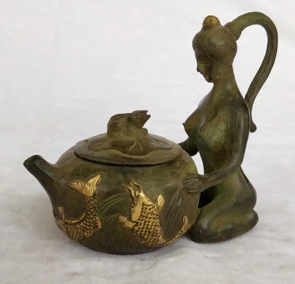 

Collection chinese old bronze gilt carved Sexy Women Fish Tea pot Home art decoration Antique pot Long :14 CM / 5.7 inch