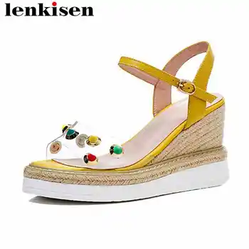 

Lenkisen cow leather platform wedges shoes solid buckle strap colorful rivets super high bottom runway fashion women sandals L62