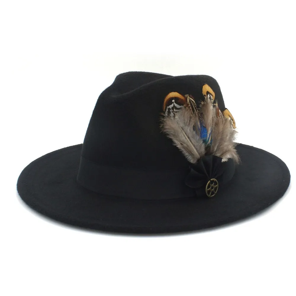Шерсть с широкими полями фетровая шляпа Федора для женщин мужчин зима осень кашемир Гангстер церковная шляпа с перьевой лентой