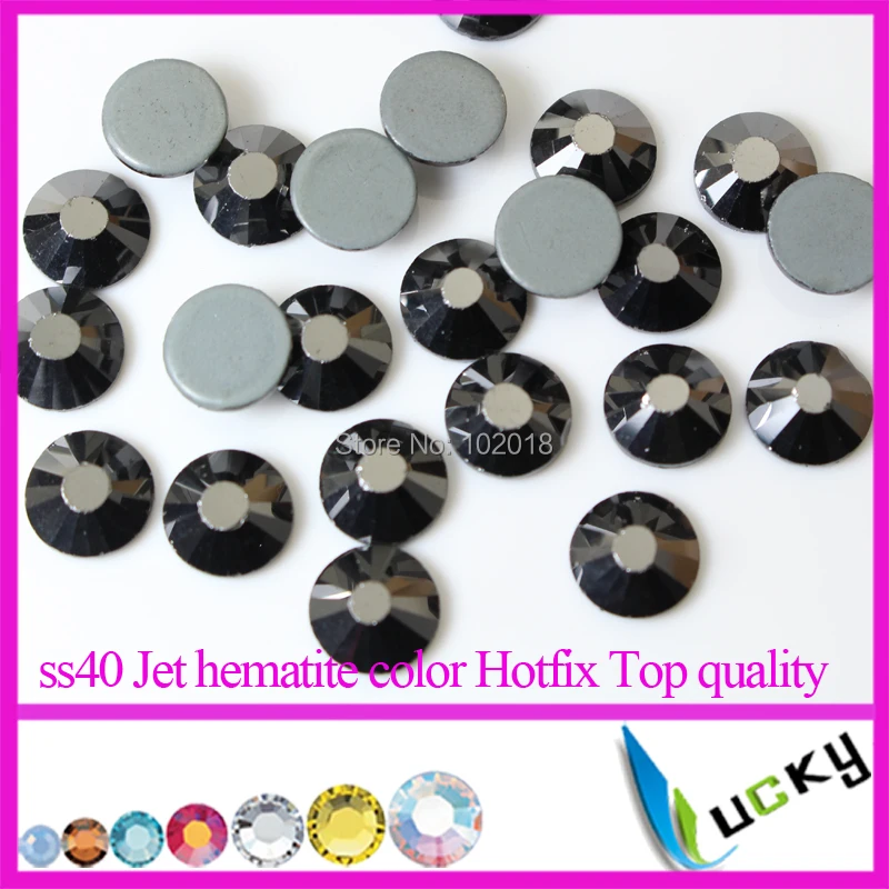 

Top quality Large size DMC Jet Hematite color SS40 8.2-8.4mm Hotfix Rhinestones with glue 144pcs/bag Copy Swarov 2038 stass