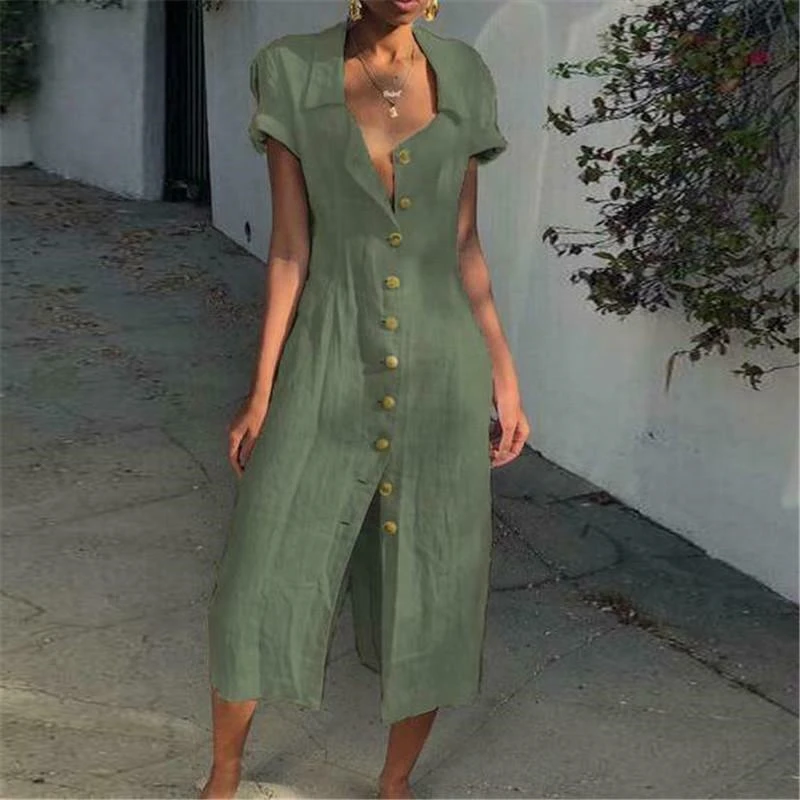 

Women Dress Sexy Evening Party Clothes Beach Dresses Solid Color Button Long Maxi Ladies Dresses Casual Sundress Plus Size Dress