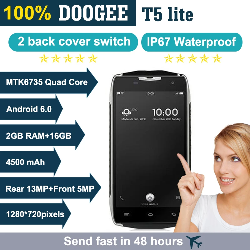 Doogee T5 Lite смартфон Водонепроницаемый IP67 пыле противоударный MT6735 Quad Core Android 6.0 2 ГБ 16