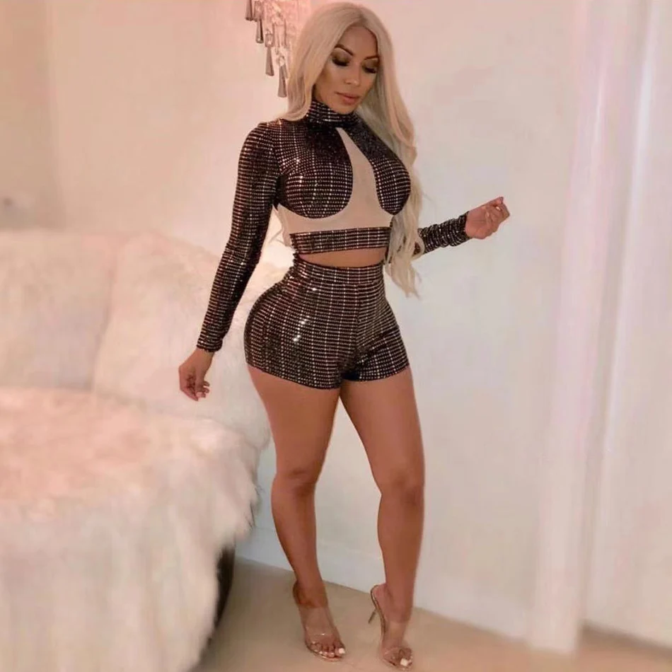 

Graceful Sequin Metallic Two Piece Pants Set Mesh Patchwork Long Sleeve Mock Neck Crop Top Short Leg Bodycon Sexy Pants