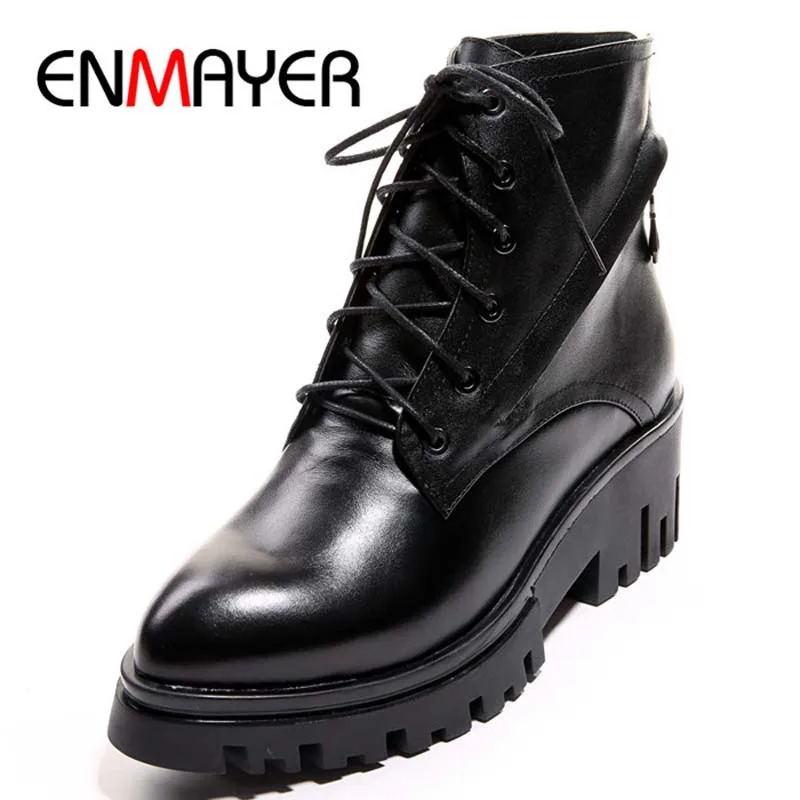 

ENMAYER  Fashion Women Ankle Boots Fashion High Heel Leather Boots Lace Up Stiletto Platform Boots Round Toe Black Autumn Boots