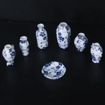 

1/12 Dollhouse Miniatures Ceramics Porcelain Vase Blue Vine -7 piece