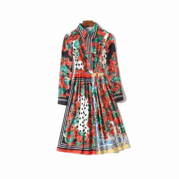 

Women Runway Dress 2019 High Quality Turn-down Collar Long Sleeve Printed Dress Casual Dresses Vestidos NP0252N