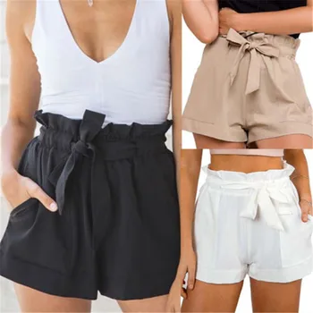 

Women Ladies Summer Casual Shorts Beach High Waist Tie Belt Short Fashion Pocket Shorts Women Solid Cotton Shorts Black White