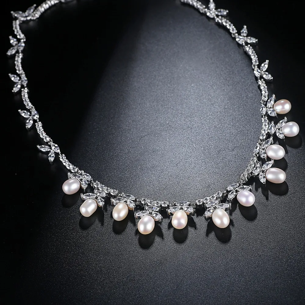 LUOTEEMI couleur argent collier de perles d'eau douce collier ras du cou bijoux de mariage ensembles accessoires réglage Invisible CZ pour Valentin - 4