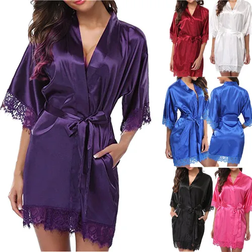 

US Women's robe Silk Satin Robes Wedding Bridesmaid Bride Gown kimono Solid Robe