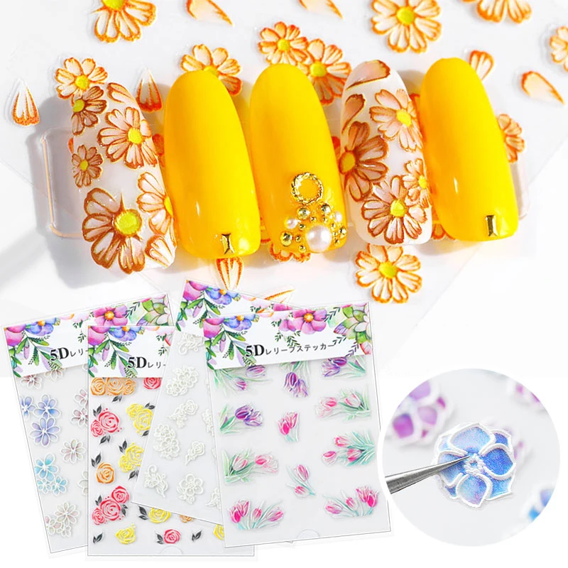 

5D Nail Stickers Colorful Embossed Flowers Mixed Pattern Self-adhesive Transfer Decals Nail Art Decorations for Nails 1 Sheet