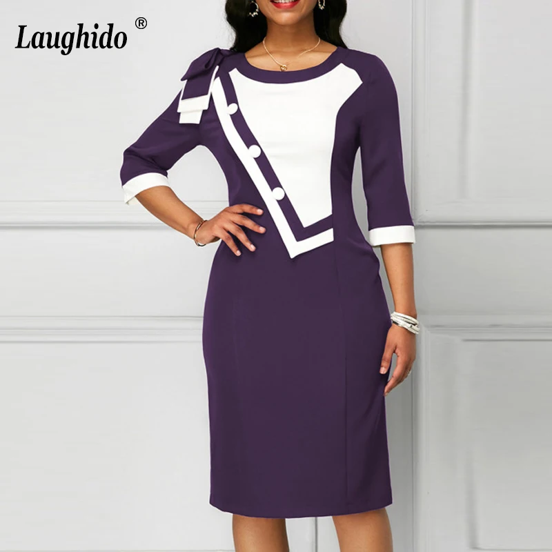 

Laughido Plus Size Three Quarter Sleeve Dress Patchwork Bodycon Vestidos O Neck Elegant Office Ladies Dress Women Summer Robe