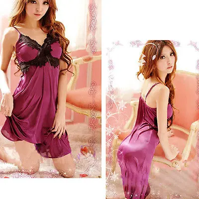 

2017 New Arrival Women Sexy Purple Satin Lace Robe Sleepwear Lingerie Babydoll Nightdress G-string Pajamas Hot Sale