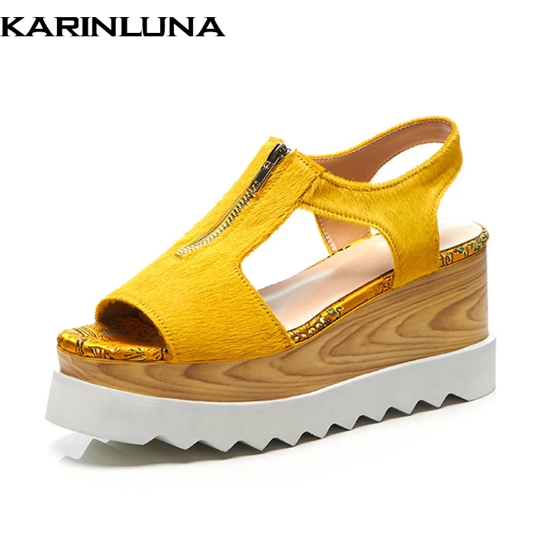 

KarinLuna new summer women's hoursehair sandals ladies wedges high heels flat platform shoes woman casual party ol footwear