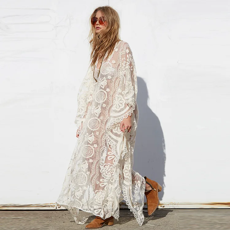 New Lace Beach Cover Up Robe De Plage Bathing Suit Cover Ups Long Lace Beach Dresses Sexy Bikini Swimwear Cover-ups Plus