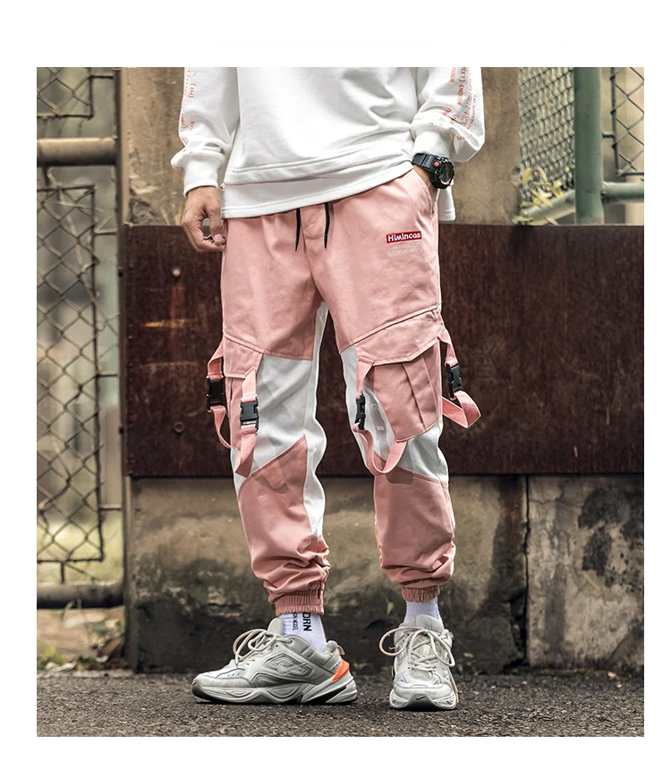 Una Reta Man Pants New Fashion Streetwear Joggers Hip Hop Trousers Men casual Elastic Waist Buckle design Pink Cargo Pants Men