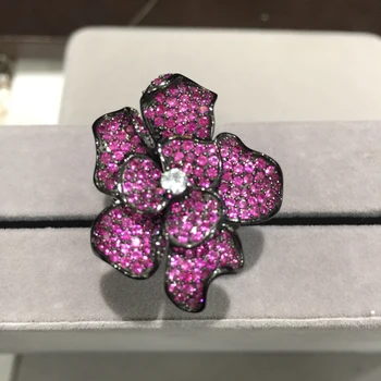 

Cocktail ring 925 sterling silver with cubic zircon flower ring pave rose-red exaggerate index finger ring romantic fashion