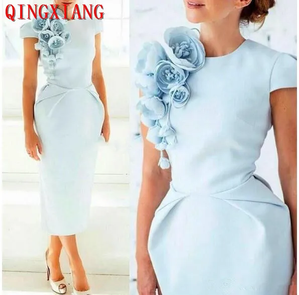 

Elegant Formal Evening Dresses with Hand Made Flower Pageant Capped Short Sleeve 2019 Tea-Length Sheath Prom Party Cocktail Gown