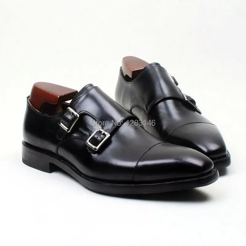 

obbilly Custom Handmade Leather Upper/outsole/Insole Black Double Monk Strap Square Captoe Toe Men's Flats Shoe No.MS108