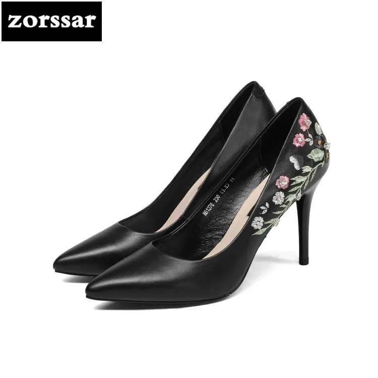 

{Zorssar} 2018 Spring New Genuine Leather women heels pumps Pointed toe Shallow Thin Heels Fashion embroidery womens High heels