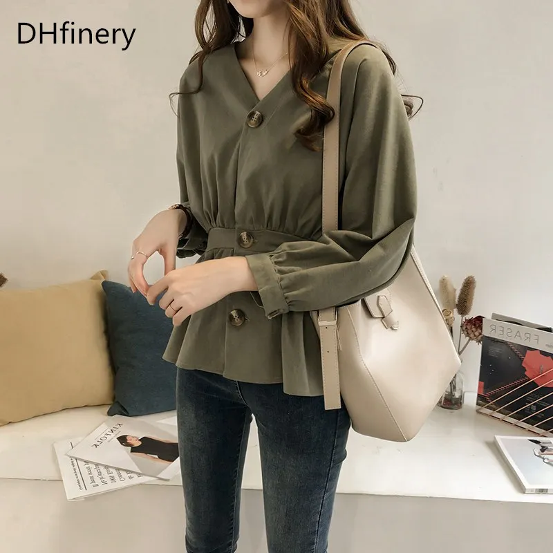 

DHfinery fashion woman blouses 2019 Elegant Waist Was Thin V-neck off shoulder top black white green Blusas plus size M-4XL 8233
