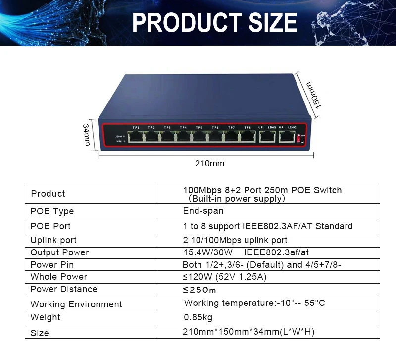 100 Мбит/с 8 портов poe коммутатор ethernet-Коммутатор poe 48 V-56 в сети 250 м vlan uplink порт lan коммутатор для ip-камеры или беспроводная точка доступа ftth