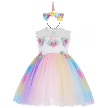 

2pcs Set Princess Flower Unicorn Fancy Dress Up Kids Girls Sleeveless Cosplay Party Unicorn Rainbow Dress Headband Girls Outfit